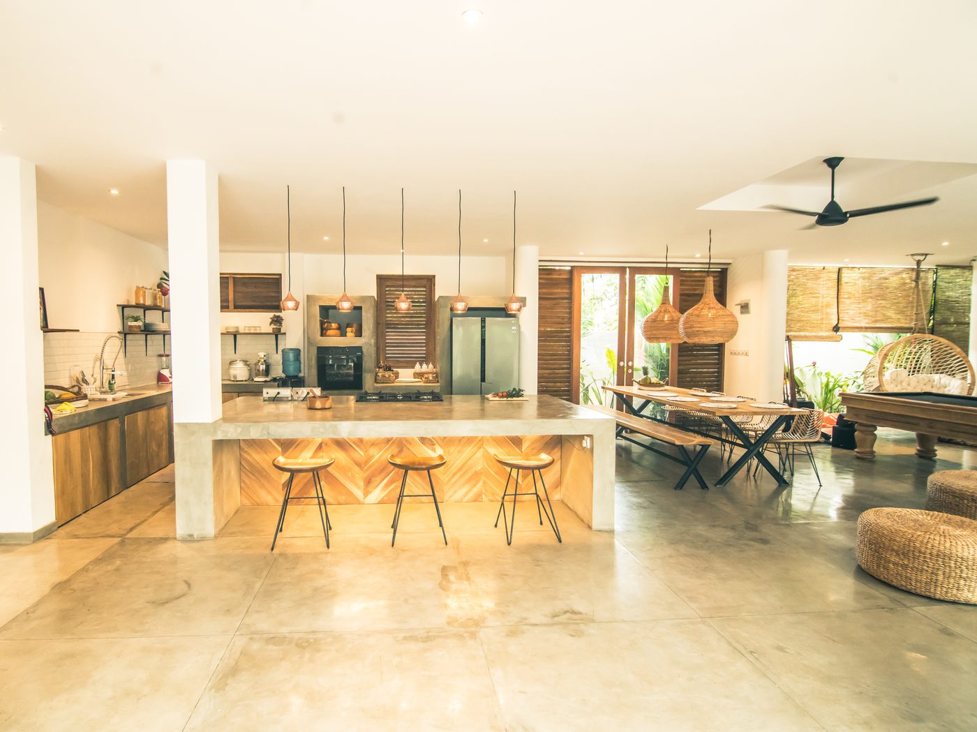 Open-plan kitchen and dining area at the Sri Lanka surf house